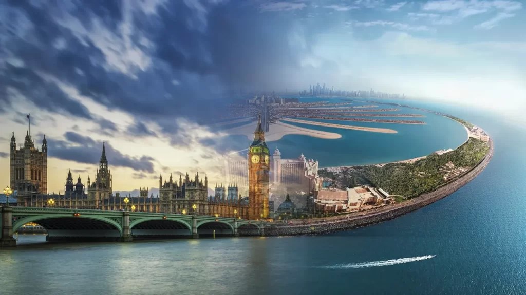 Composite image of Big Ben with the Palm Jumeirah island, showing London and Dubai landmarks.